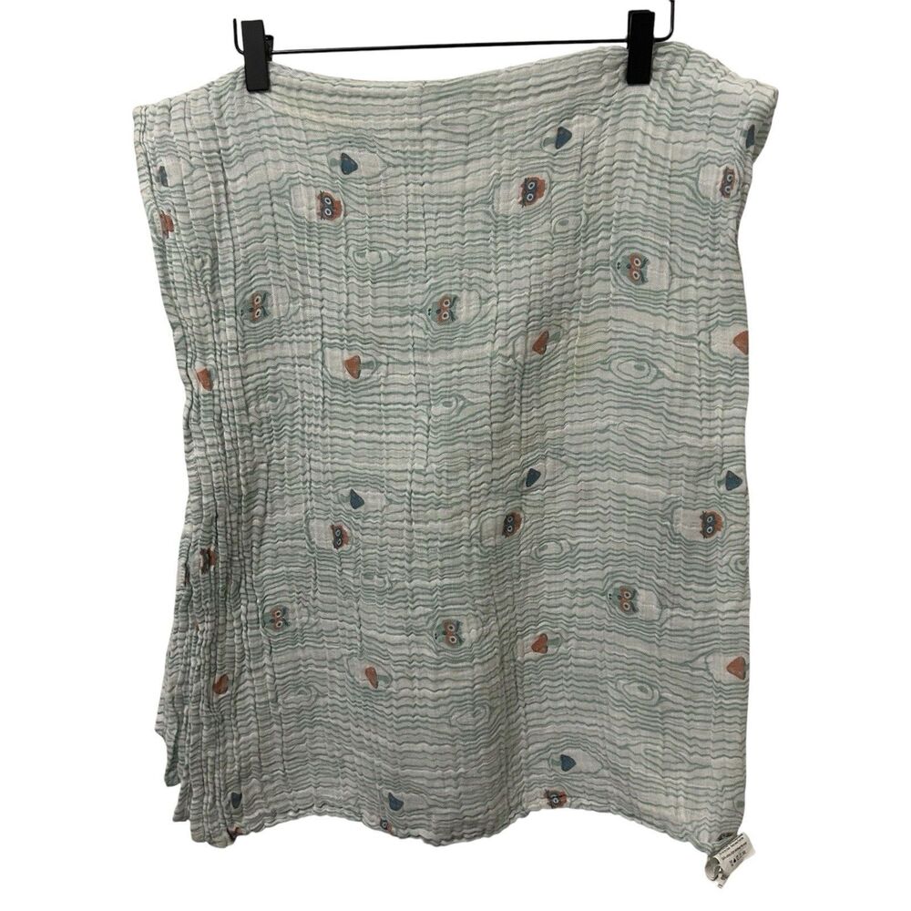 Bebe Au Lait Swaddle Blanket Cotton Muslin Owls Mushroom Green 49”x47” Baby